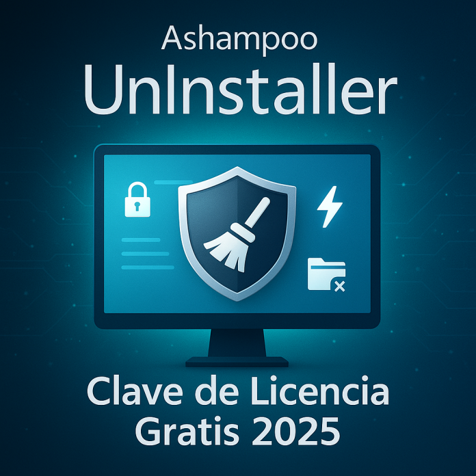 Ashampoo UnInstaller con clave de licencia gratis 2025, ilustración de PC optimizado con escoba digital, candado y símbolos de limpieza y seguridad