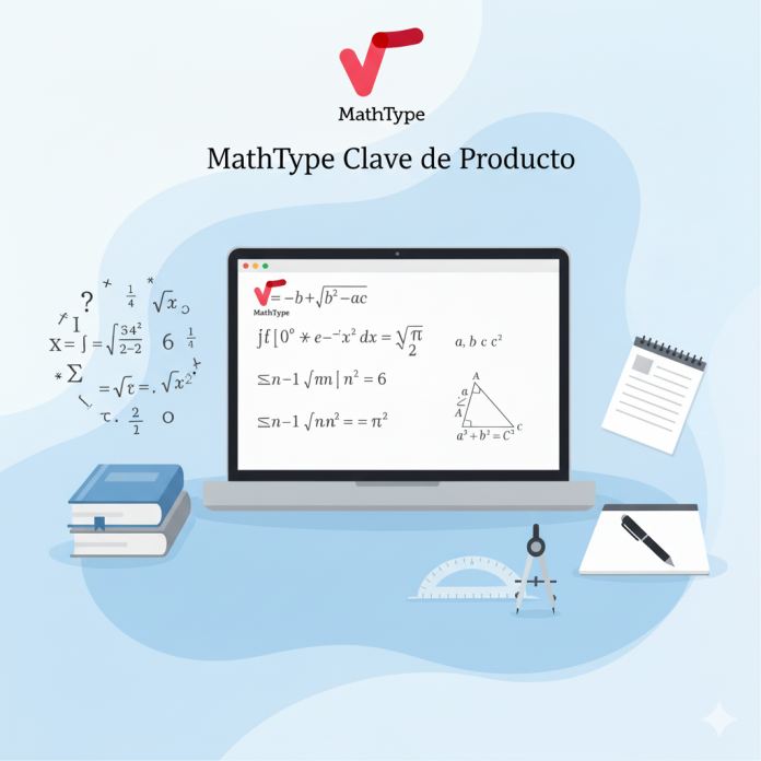 Logo de MathType con texto “MathType Clave de Producto” y símbolos matemáticos alrededor