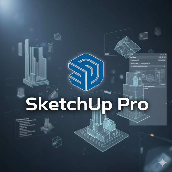 Interfaz de diseño 3D con estructuras arquitectónicas y el texto “SketchUp Pro” en el centro. Interfaz de diseño 3D con estructuras arquitectónicas y el texto “SketchUp Pro” en el centro.