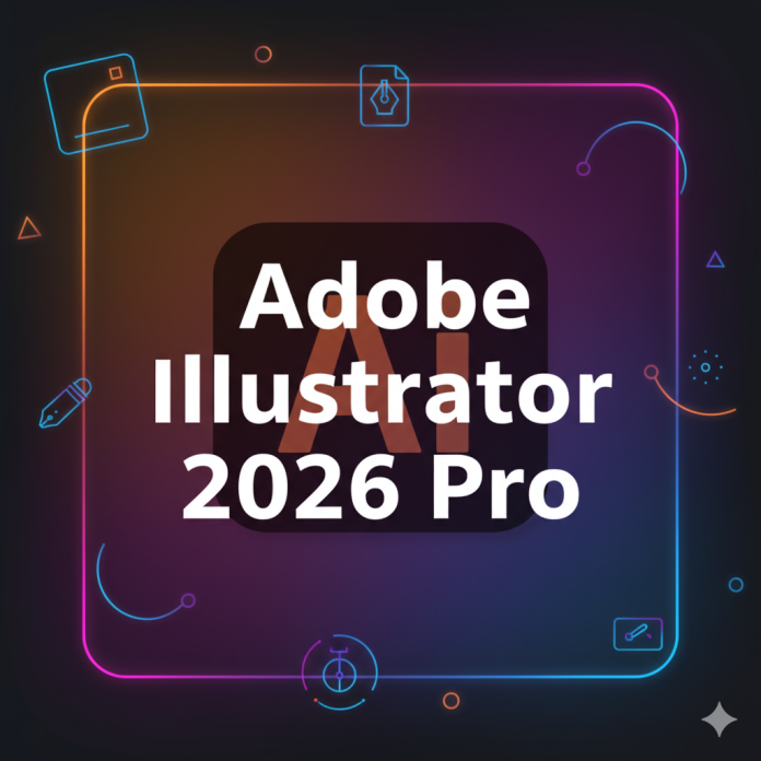 Imagen destacada con el texto “Adobe Illustrator 2026 Pro” y diseño gráfico moderno
