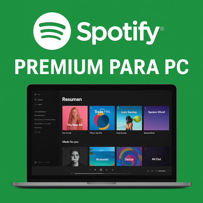Imagen promocional de Spotify Premium para PC con fondo verde, logo de Spotify en la parte superior y un portátil mostrando la interfaz de la aplicación de escritorio. Imagen promocional de Spotify Premium para PC con fondo verde, logo de Spotify en la parte superior y un portátil mostrando la interfaz de la aplicación de escritorio.