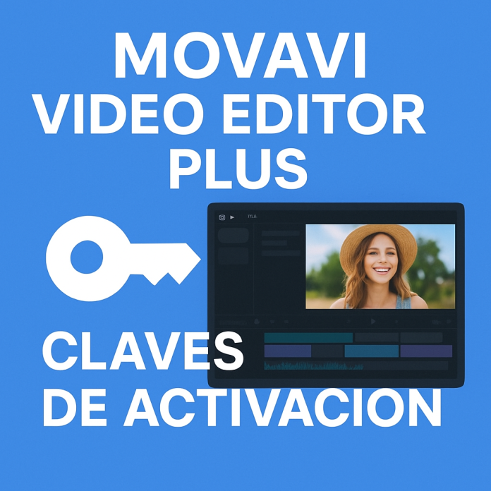 Imagen promocional cuadrada con fondo azul. En la parte superior aparece el texto en blanco “Movavi Video Editor Plus”.