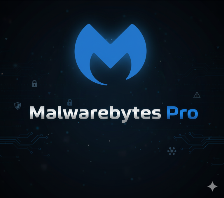 Imagen destacada de Malwarebytes Pro con fondo tecnológico oscuro, logo oficial y texto central resaltado