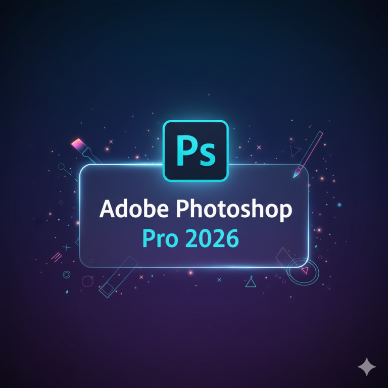 Imagen destacada de Adobe Photoshop Pro 2026 con diseño creativo en tonos azules, logo oficial y efectos gráficos profesionales.