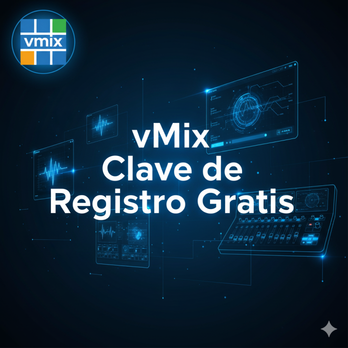 Imagen destacada con el texto “vMix Clave de Registro Gratis” y elementos visuales de producción en vivo