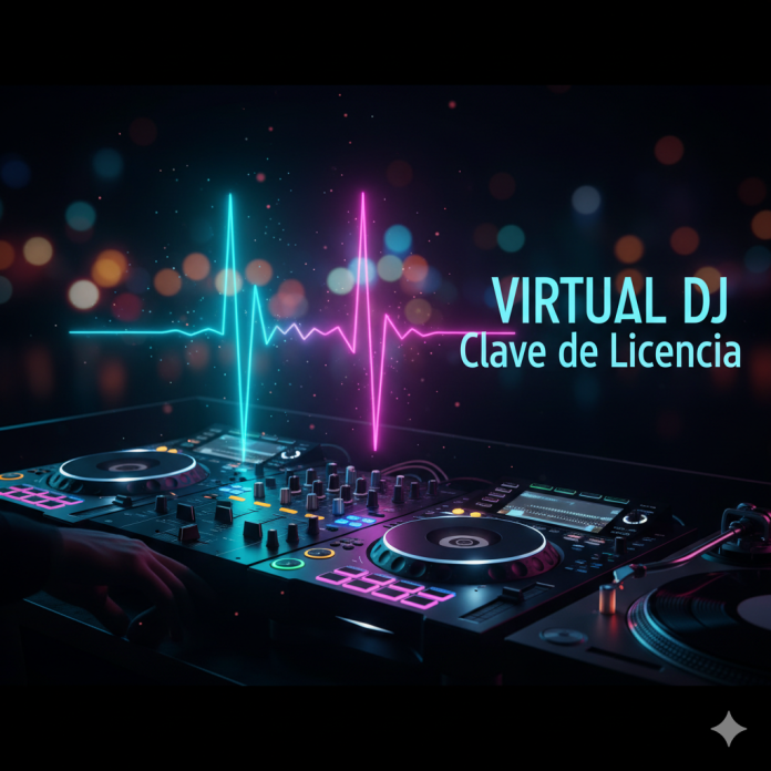 Controlador DJ con efectos de neón y texto “Virtual DJ Clave de Licencia" Controlador DJ con efectos de neón y texto “Virtual DJ Clave de Licencia"
