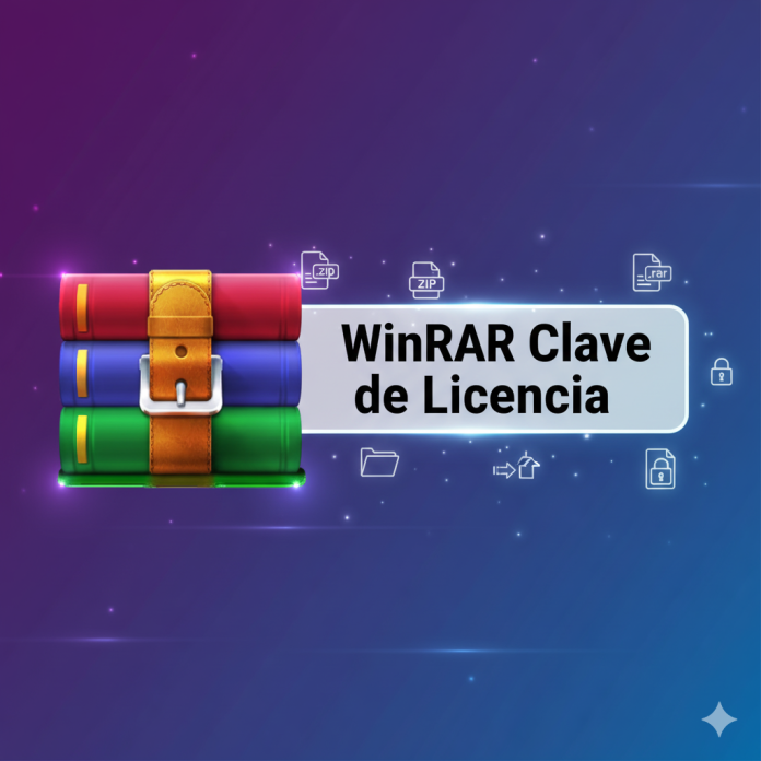 Imagen destacada con el logo de WinRAR y el texto “WinRAR Clave de Licencia” sobre un fondo tecnológico moderno