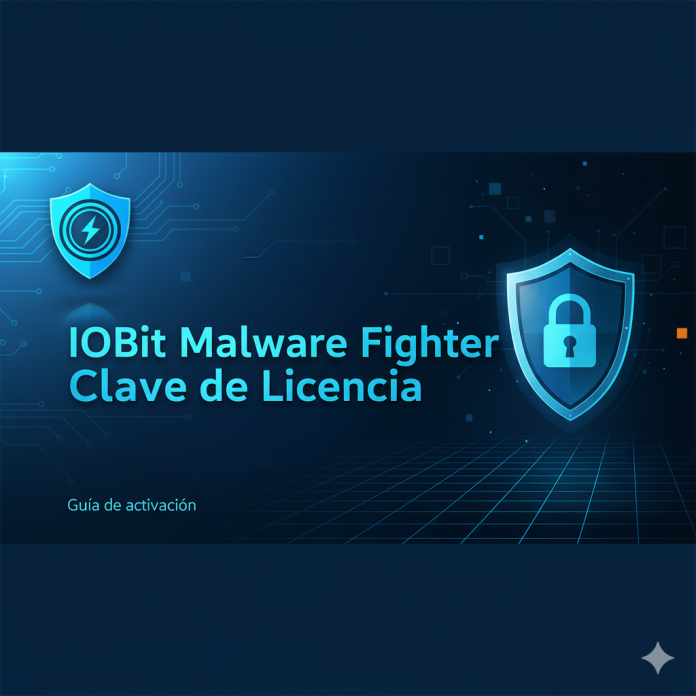Portada con fondo tecnológico azul y texto central “IObit Malware Fighter Clave de Licencia”, acompañada del logo oficial del software. Portada con fondo tecnológico azul y texto central “IObit Malware Fighter Clave de Licencia”, acompañada del logo oficial del software.