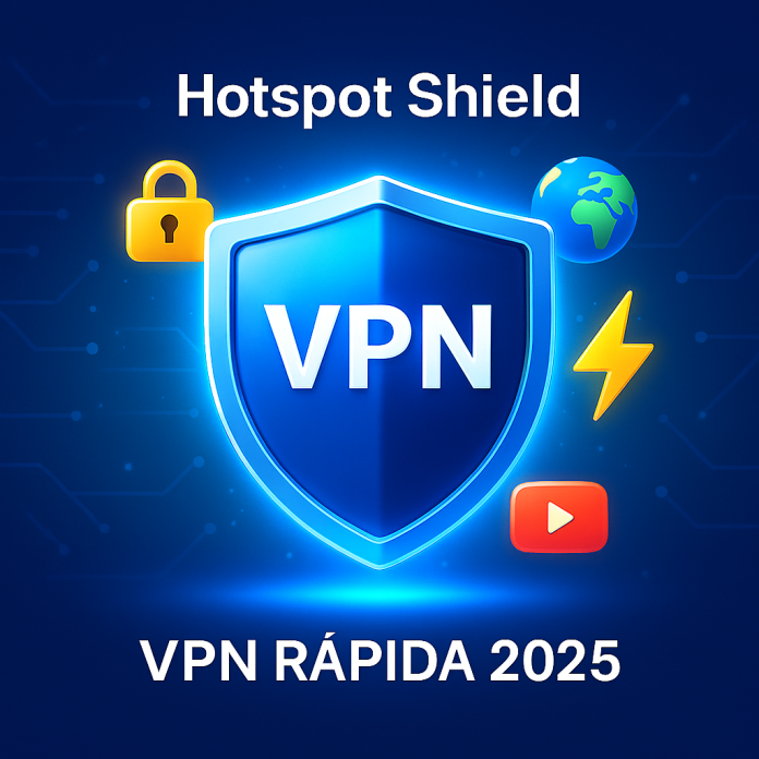 Hotspot Shield VPN rápida 2025 con escudo de seguridad, candado y símbolos de streaming que representan privacidad, velocidad y acceso global.
