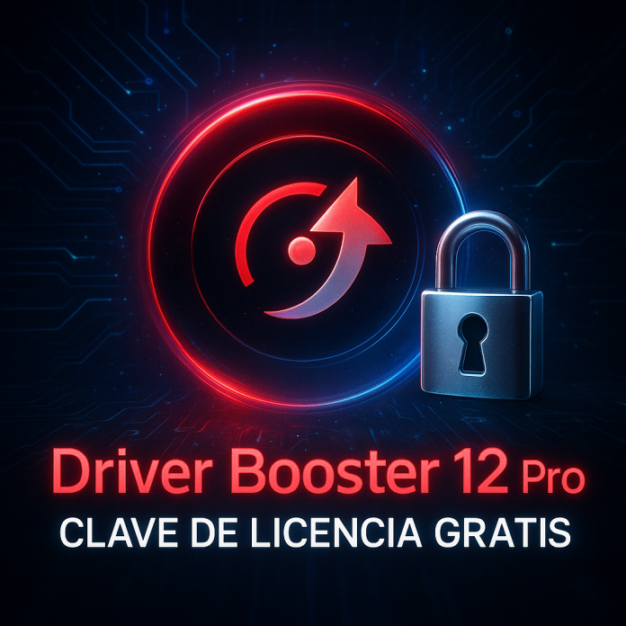 Imagen cuadrada promocional de Driver Booster 12 Pro con velocímetro digital, luces rojas y azules, candado de seguridad y texto “Clave de Licencia Gratis