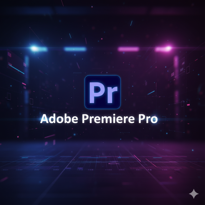 Imagen destacada con el texto “Adobe Premiere Pro” y fondo creativo de edición de video