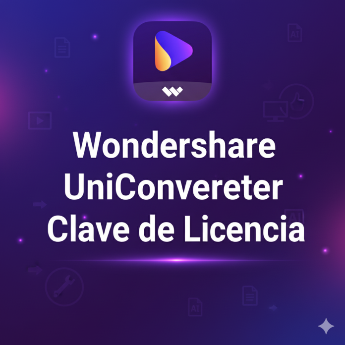 Imagen destacada con el texto “Wondershare UniConverter Clave de Licencia” y fondo tecnológico moderno