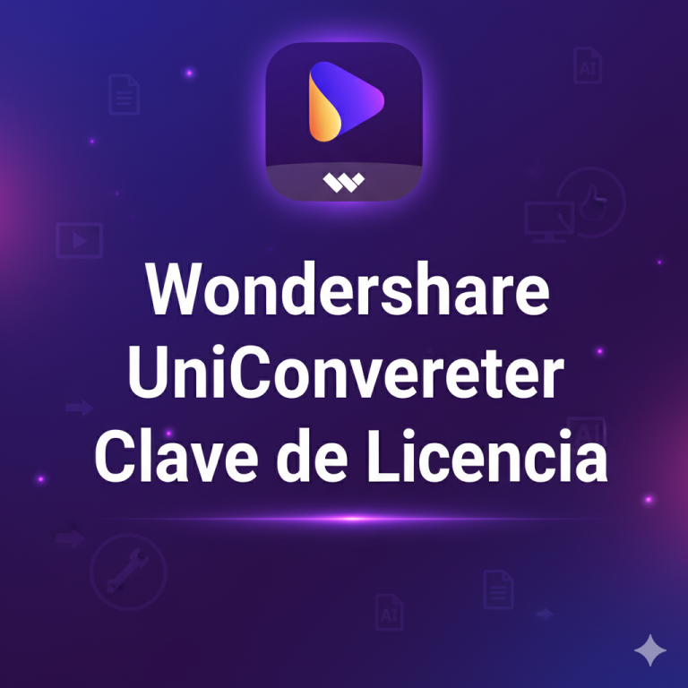 Imagen destacada con el texto “Wondershare UniConverter Clave de Licencia” y fondo tecnológico moderno