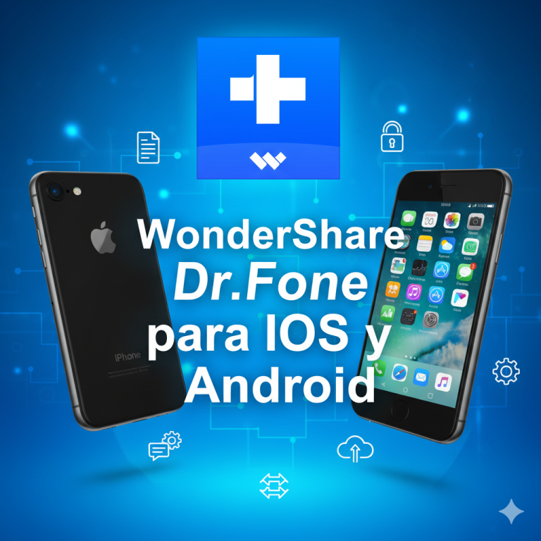 Imagen destacada con texto WonderShare Dr.Fone para iOS y Android y fondo tecnológico azul