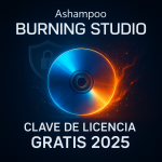 Ashampoo Burning Studio Clave de Licencia Gratis Para 2025 Imagen promocional cuadrada de Ashampoo Burning Studio con disco brillante, efectos de luz azul y naranja, candado de seguridad y texto “Clave de Licencia Gratis 2025