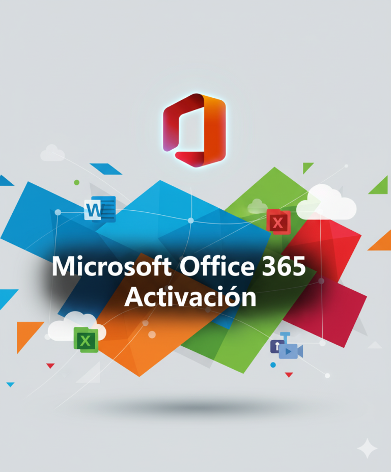 Logo de Microsoft Office 365 con texto “Microsoft Office 365 Activación” sobre fondo moderno