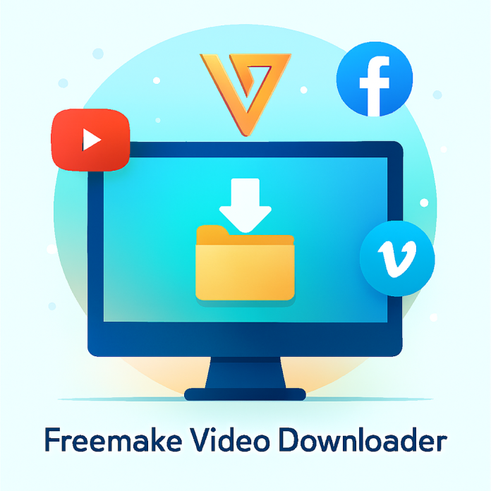 Freemake Video Downloader logo on a computer screen with YouTube, Facebook and Vimeo icons, showing safe video download concept