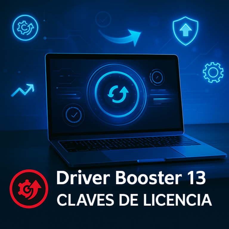Imagen destacada mostrando Driver Booster 13 Claves de Licencia en un ordenador portátil con iconos de actualización y seguridad, simbolizando optimización de controladores y mejor rendimiento del sistema