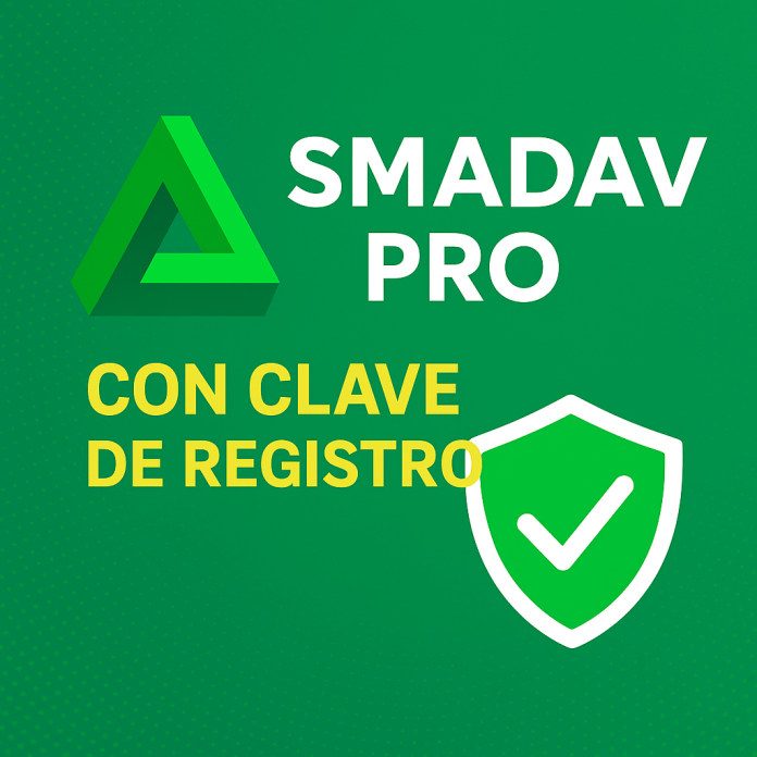 Ilustración promocional de Smadav Pro con fondo verde, logotipo triangular, texto en blanco y amarillo que dice ‘Smadav Pro con clave de registro’, y un icono de escudo con check de seguridad.