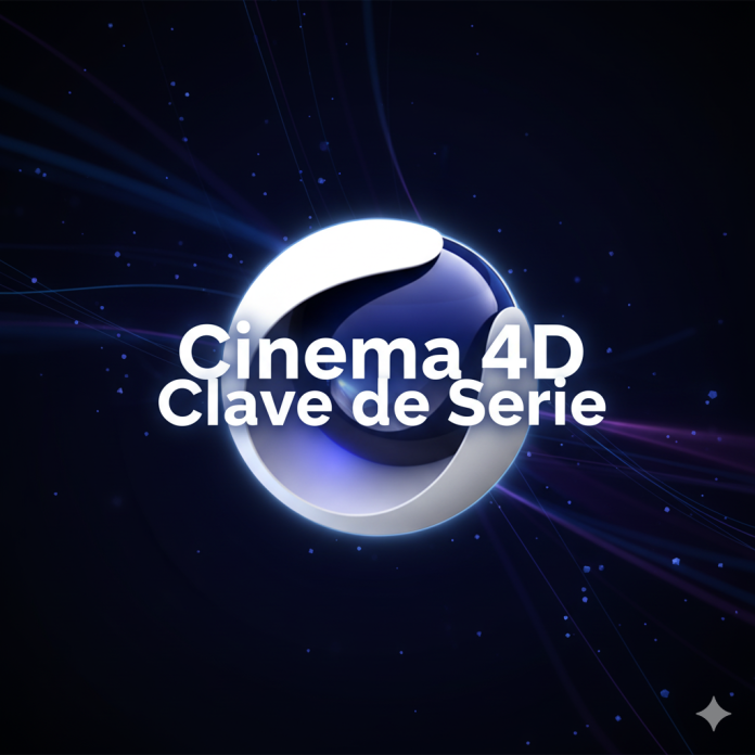 Logo de Cinema 4D con el texto "Cinema 4D Clave de Serie" sobre fondo tecnológico