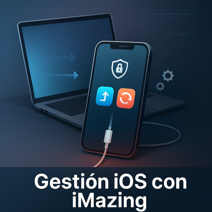 Imagen ilustrativa de iMazing mostrando un iPhone conectado a un portátil con iconos de copia de seguridad, seguridad y transferencia de archivos, representando la gestión completa de dispositivos iOS