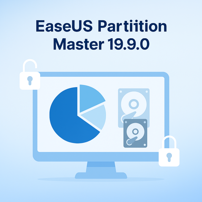 Easeus Partition Master 19.9.0 Build 202506271012 software featured image showing computer screen with disk partitions and license activation icons in blue theme