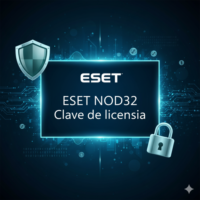 Imagen promocional con el texto “ESET NOD32 Clave de licencia” y fondo tecnológico en tonos azul y cian Imagen promocional con el texto “ESET NOD32 Clave de licencia” y fondo tecnológico en tonos azul y cian