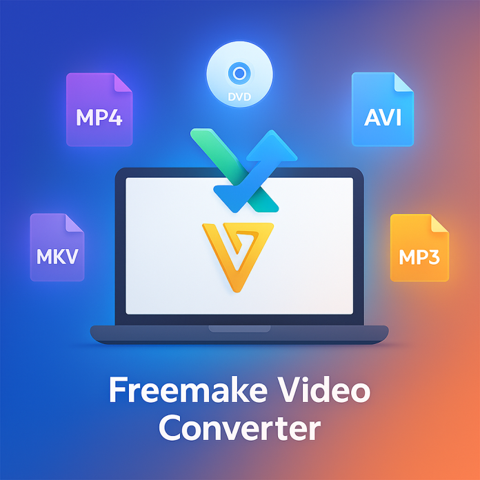 Laptop with Freemake Video Converter logo, surrounded by MP4, AVI, MKV, MP3 icons and DVD discs, symbolizing video conversion