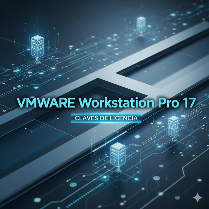Logo y fondo tecnológico con el texto “VMware Workstation Pro 17” y “Claves de Licencia” sobre diseño azul moderno.