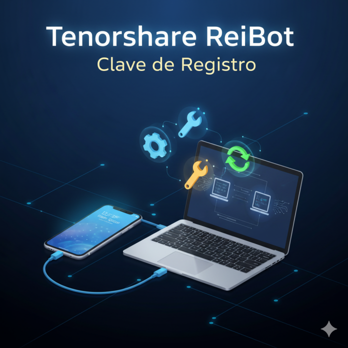 iPhone conectado a laptop con íconos de reparación y texto Tenorshare ReiBoot Clave de Registro iPhone conectado a laptop con íconos de reparación y texto Tenorshare ReiBoot Clave de Registro