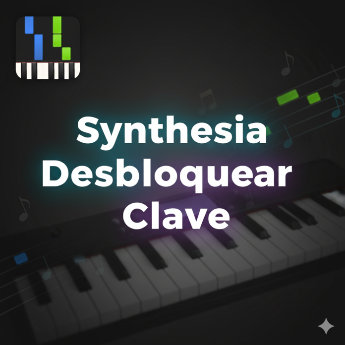 Imagen destacada de Synthesia Desbloquear Clave con logo y fondo de teclado MIDI estilizado