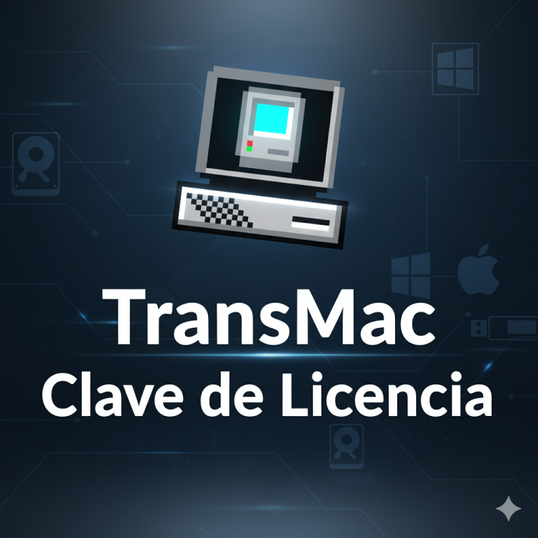 Logo de TransMac con texto “TransMac Clave de Licencia” en un diseño tecnológico