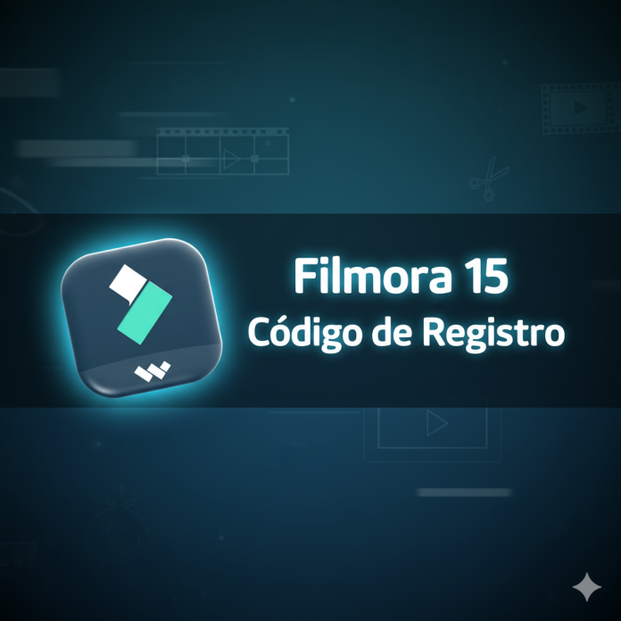 Banner showing “Filmora 15 Código de Registro” with the Filmora logo and video editing visuals