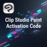 Clip Studio Paint Código de Activación | Gratis & Último 2026 Imagen destacada moderna con fondo azul oscuro y gris metálico, incluye el texto ‘Clip Studio Paint Código de Activación’ en el centro y el logo oficial de Clip Studio Paint, acompañada de elementos visuales de ilustración digital.