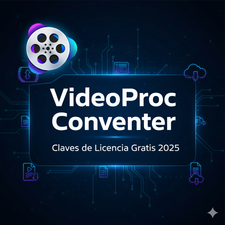 Imagen destacada de VideoProc con logo y texto “Claves de Licencia Gratis 2025” sobre fondo tecnológico azul