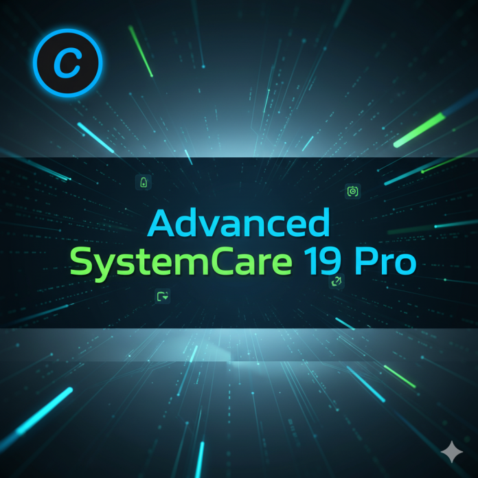 Logo de Advanced SystemCare 19 Pro con fondo digital inspirado en tecnología